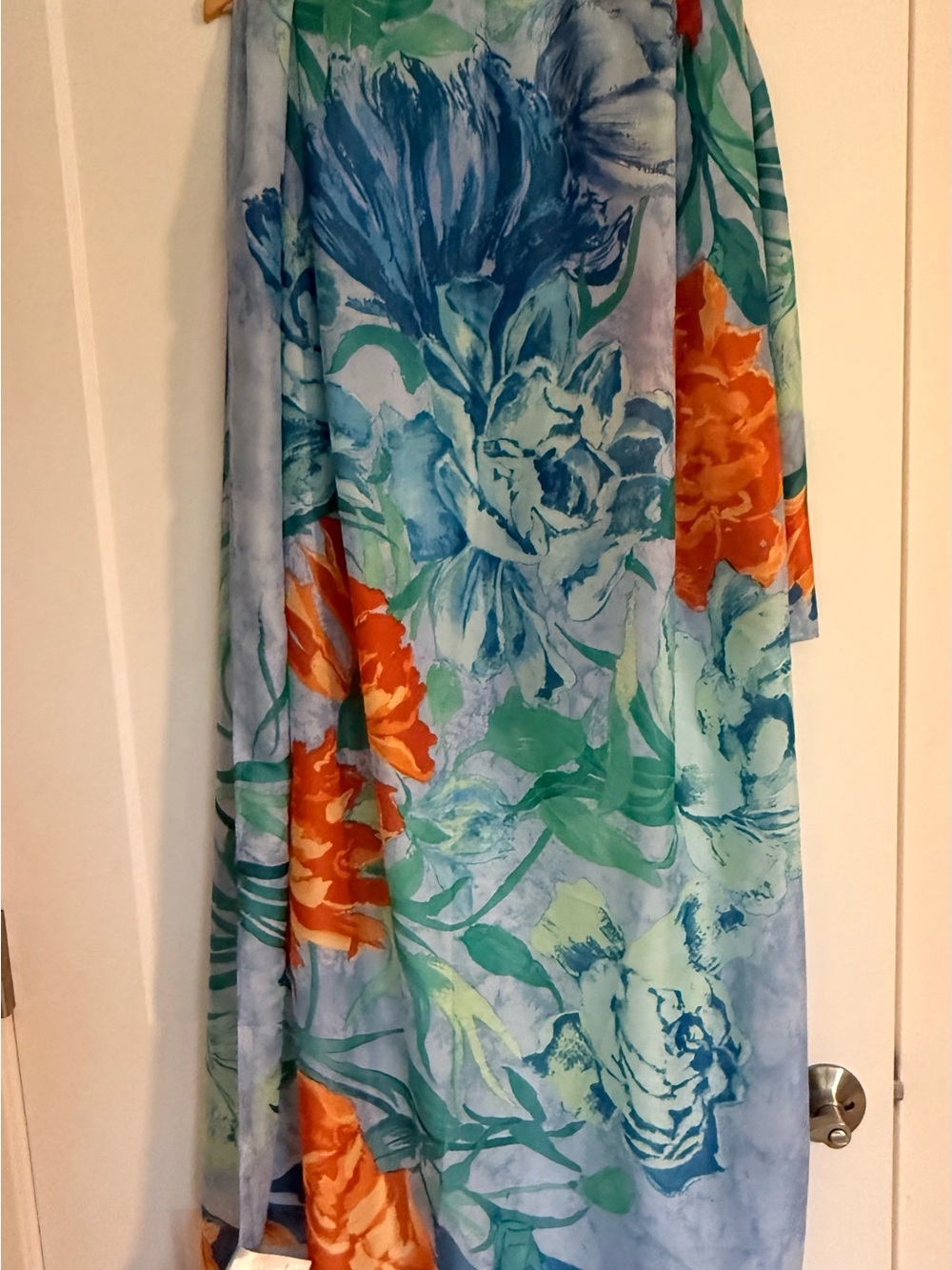 Silky Scarf in Blue with Orange Accent
